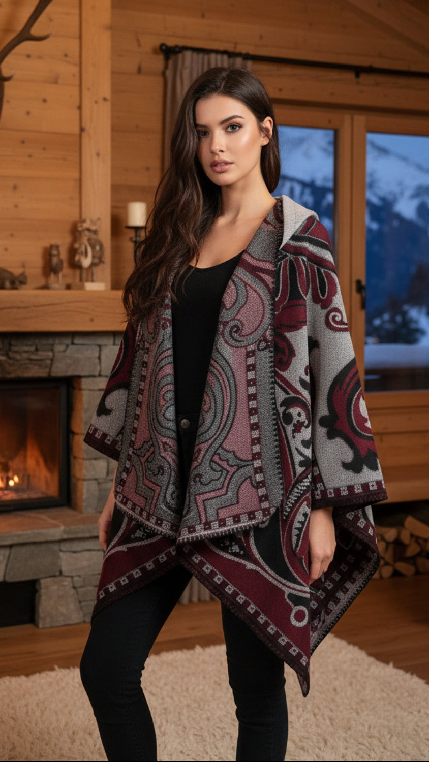 Balldiri Jacquard-Poncho Damen – Boho Wende Cape mit Muster