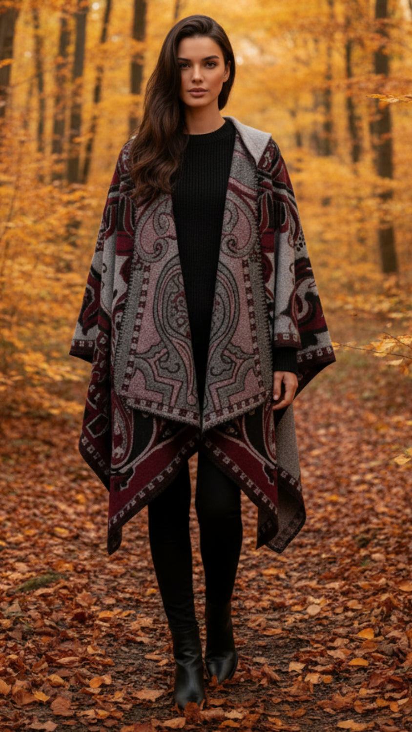 Balldiri Jacquard-Poncho Damen – Boho Wende Cape mit Muster