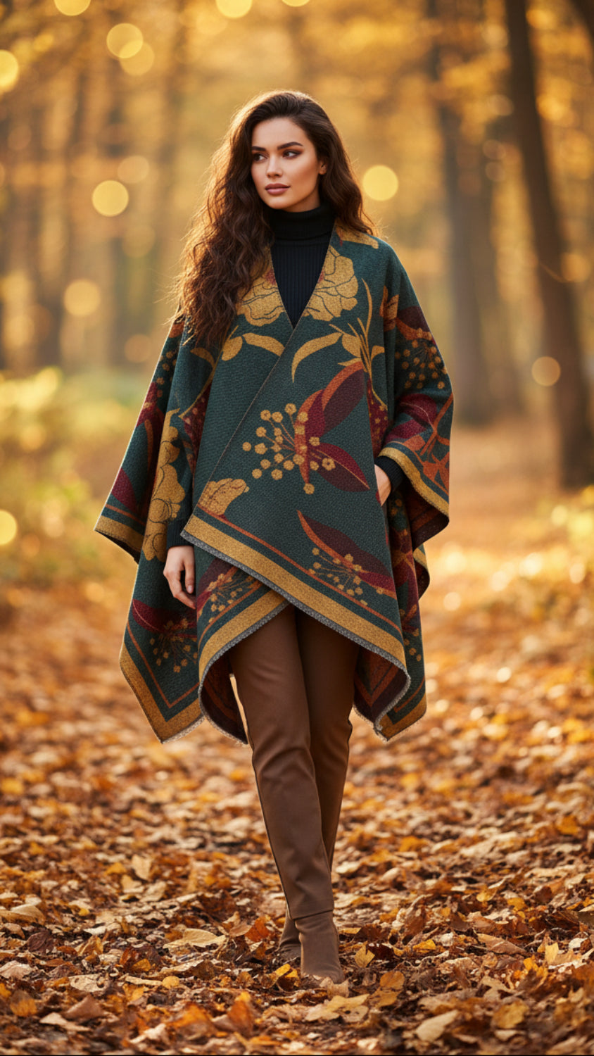 Balldiri Jacquard-Poncho Damen – Boho Wende Cape mit Muster