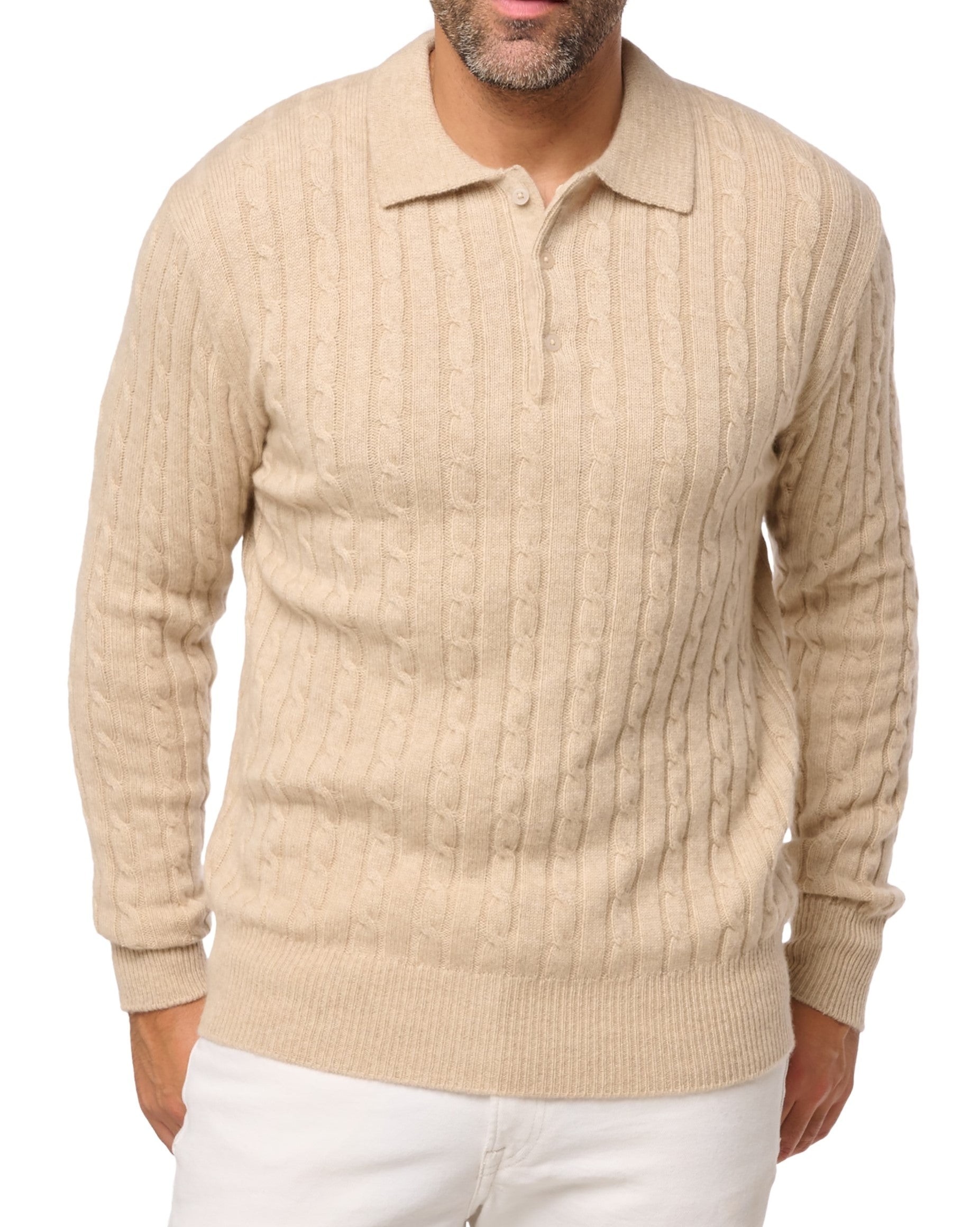 Balldiri 100% Kaschmir Herren Langarm Polo mit Kragen Zopfmuster 4-fädig - Balldiri & Windhound