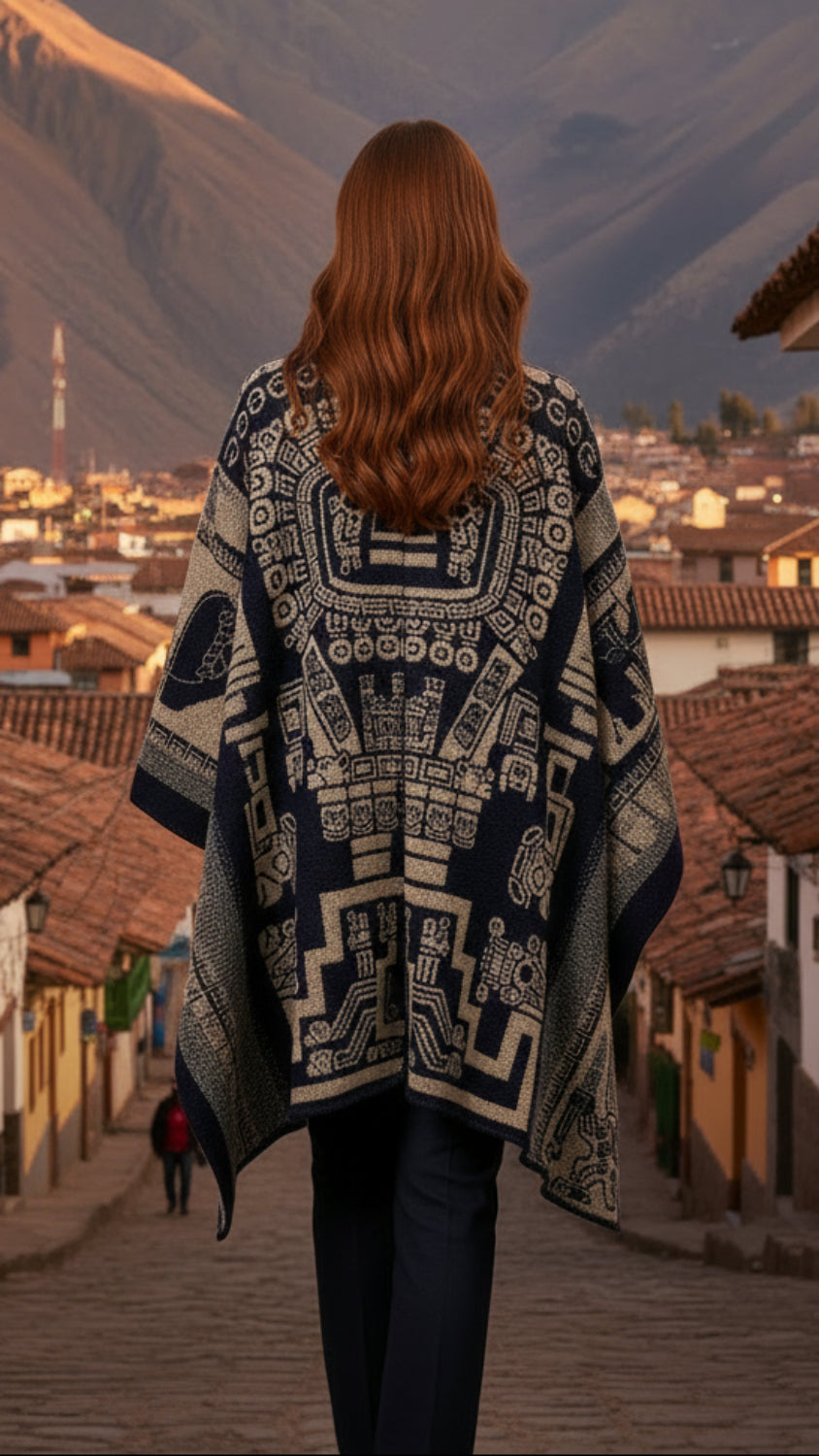 Balldiri Jacquard-Poncho Damen – Boho Wende Cape mit Muster