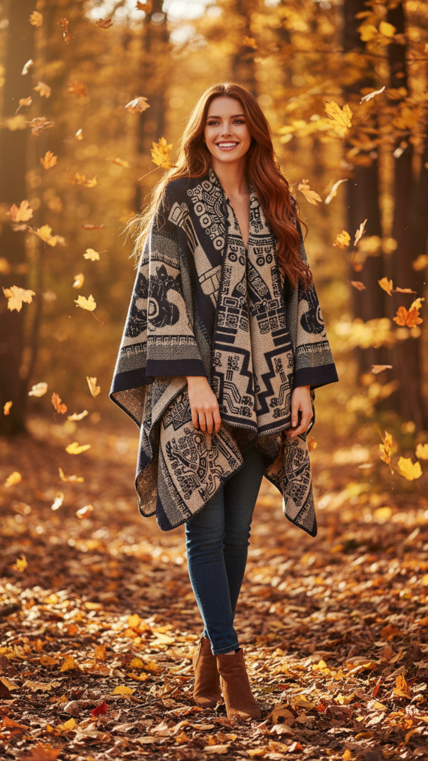 Balldiri Jacquard-Poncho Damen – Boho Wende Cape mit Muster