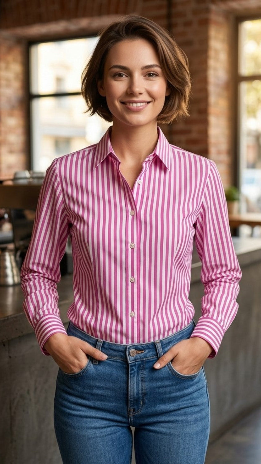 Eine lächelnde Frau mit brünettem Bob trägt eine langärmlige Damenbluse mit kräftigen rosa-weißen Längsstreifen, eingesteckt in eine klassische blaue Jeans.
