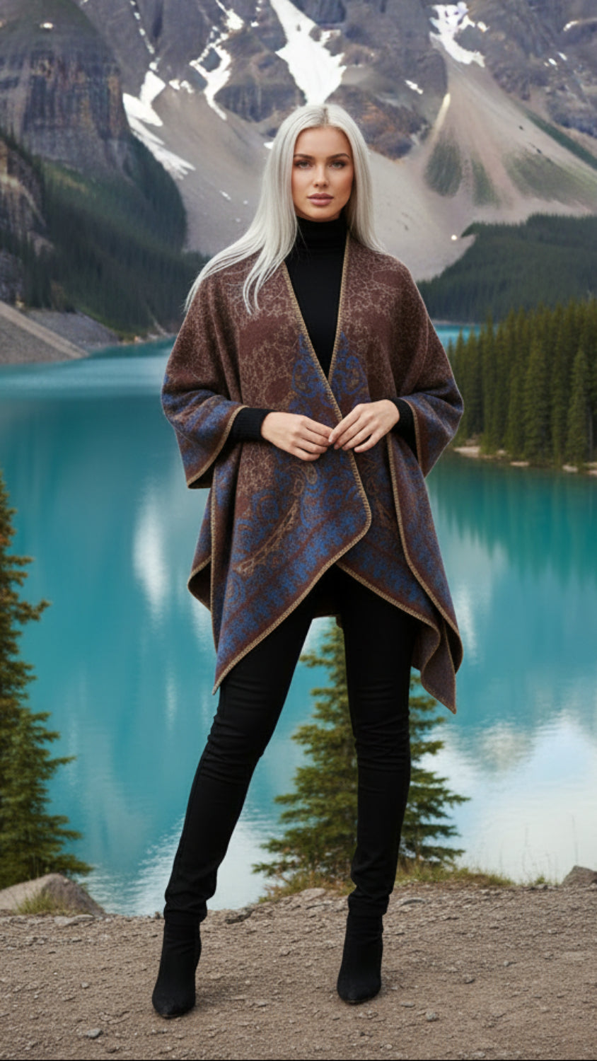 Balldiri Jacquard-Poncho Damen – Boho Wende Cape mit Muster
