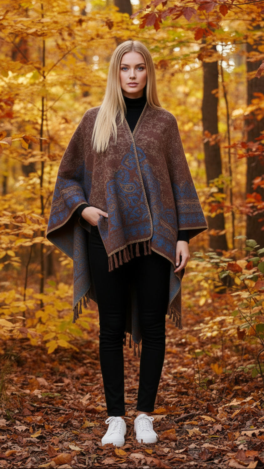 Balldiri Jacquard-Poncho Damen – Boho Wende Cape mit Muster