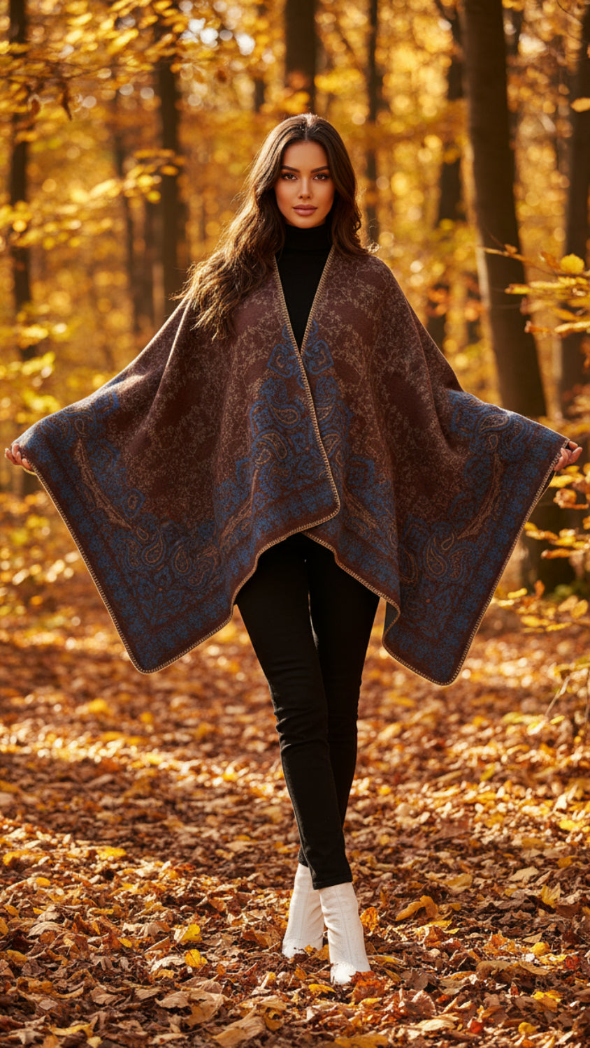 Balldiri Jacquard-Poncho Damen – Boho Wende Cape mit Muster