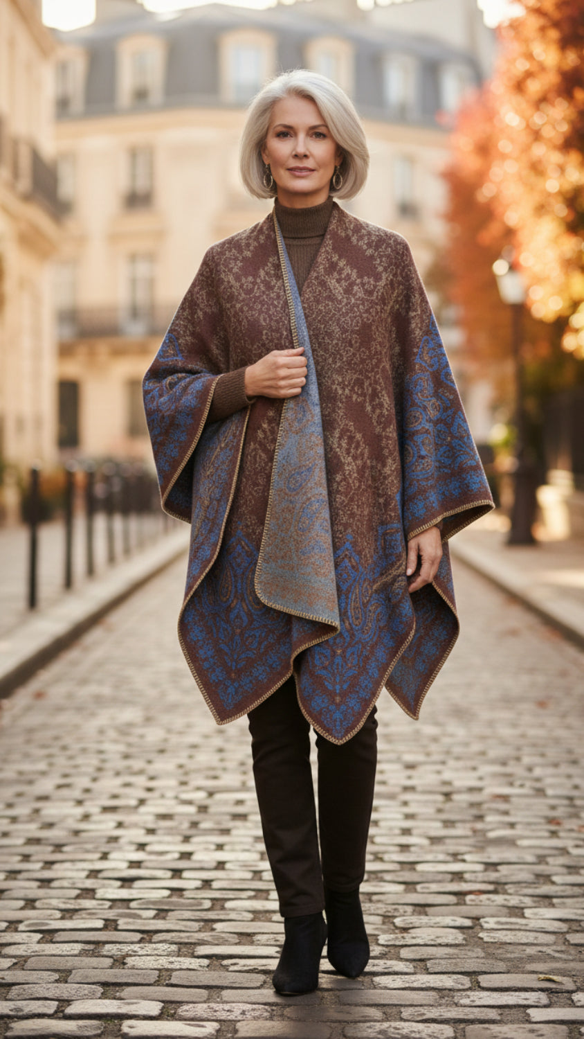 Balldiri Jacquard-Poncho Damen – Boho Wende Cape mit Muster
