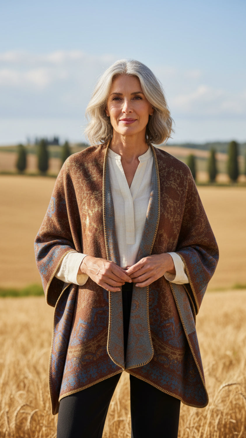 Balldiri Jacquard-Poncho Damen – Boho Wende Cape mit Muster
