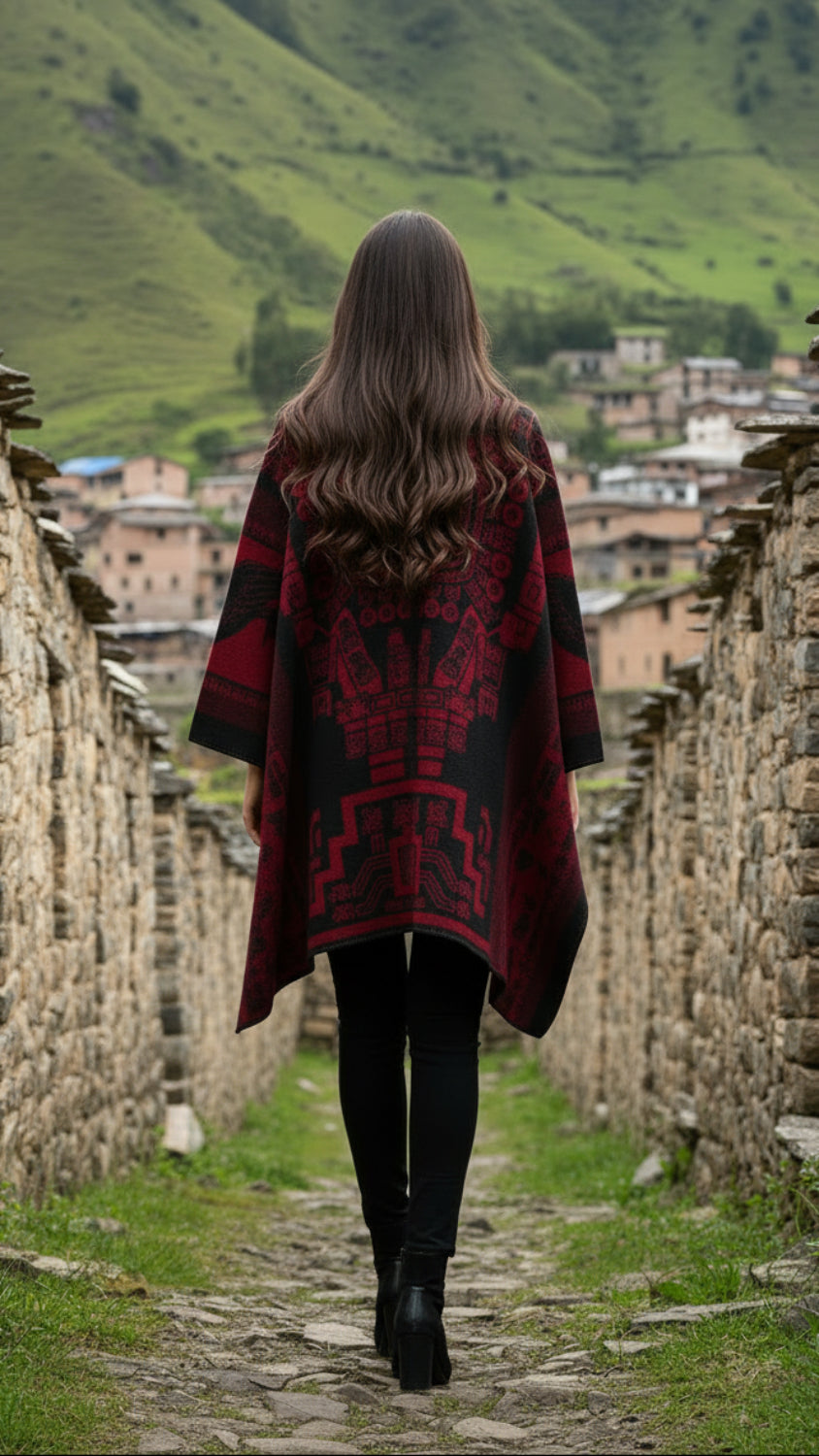 Balldiri Jacquard-Poncho Damen – Boho Wende Cape mit Muster