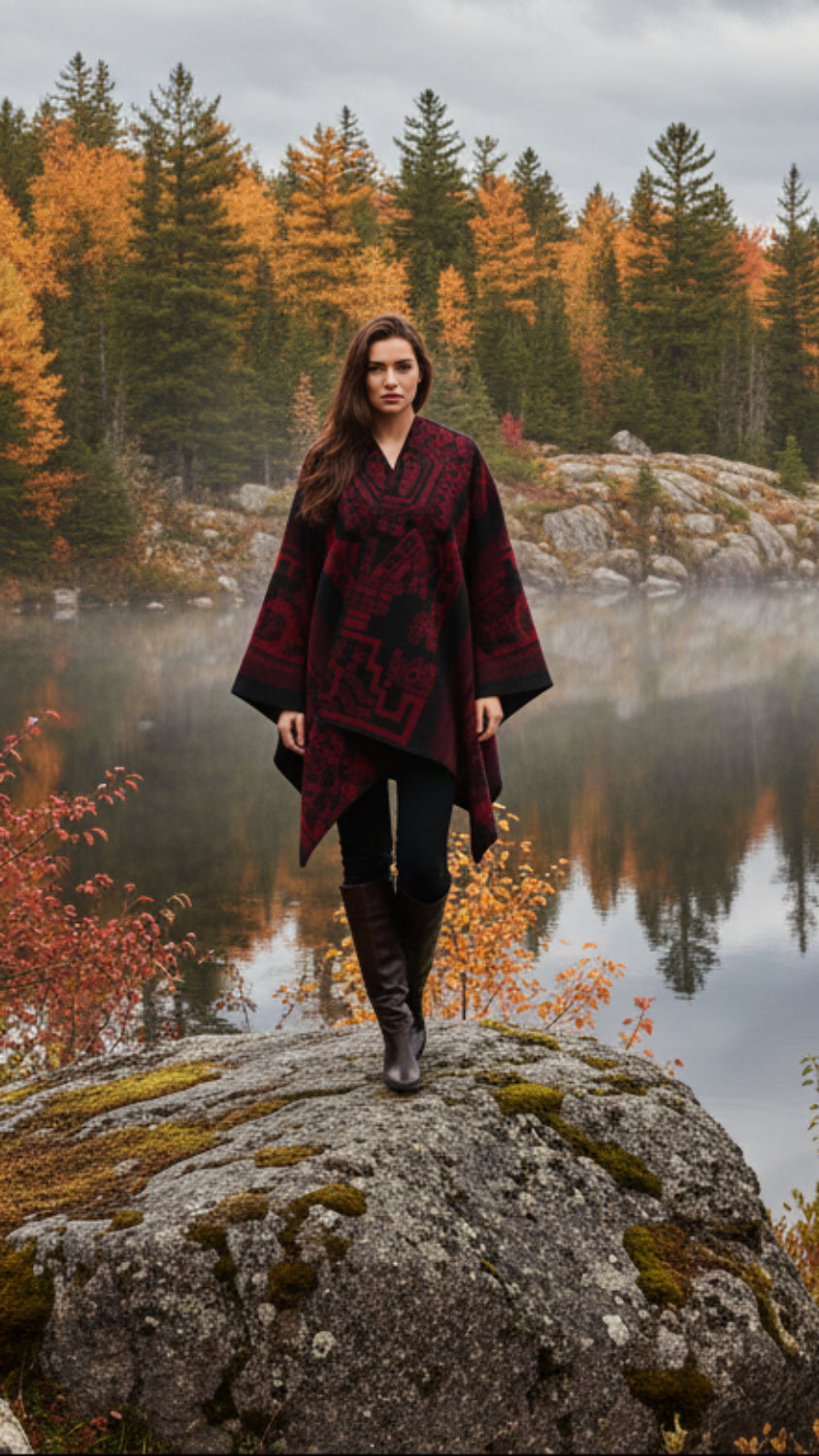 Balldiri Jacquard-Poncho Damen – Boho Wende Cape mit Muster