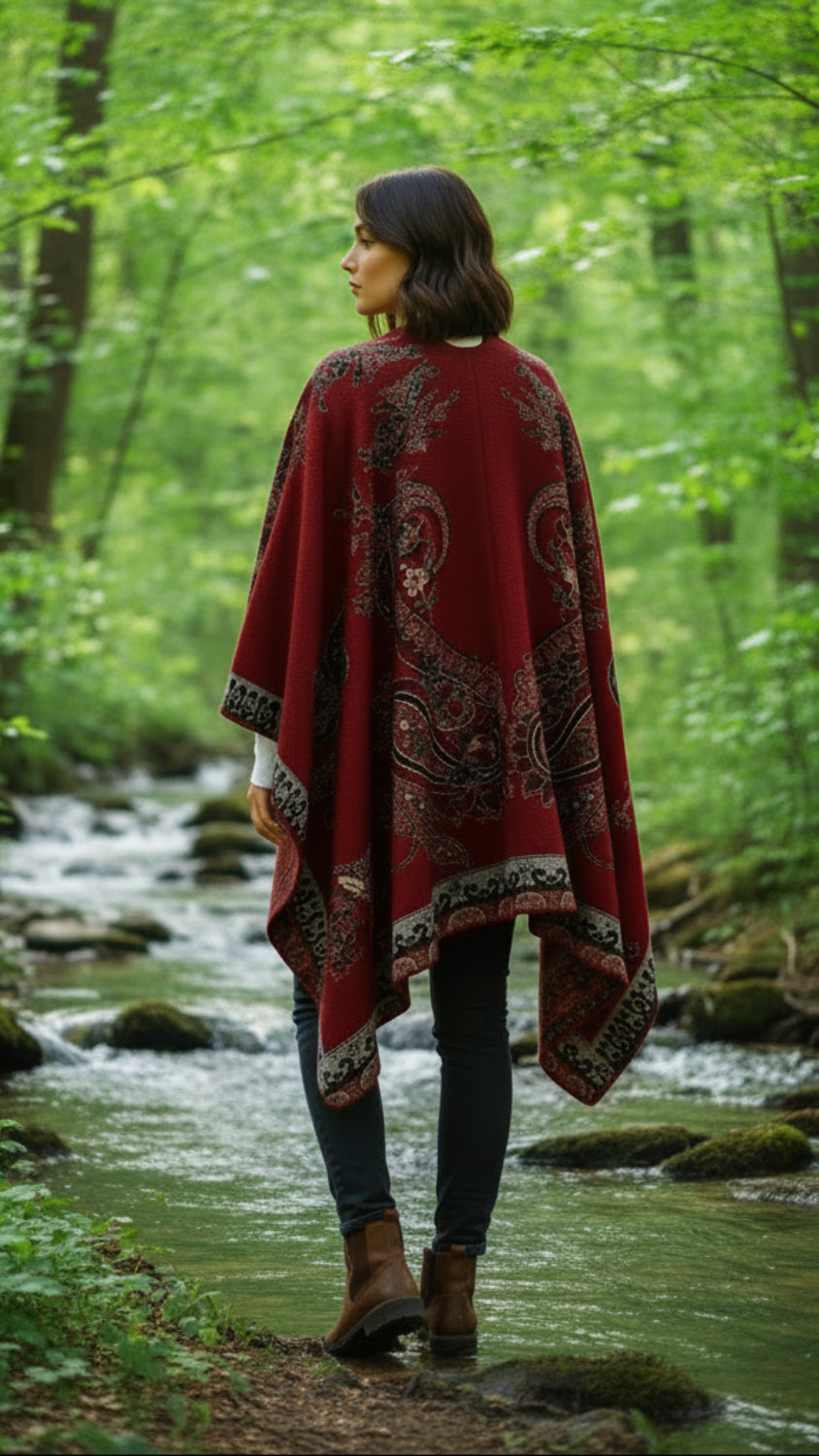 Balldiri Jacquard-Poncho Damen – Boho Wende Cape mit Muster