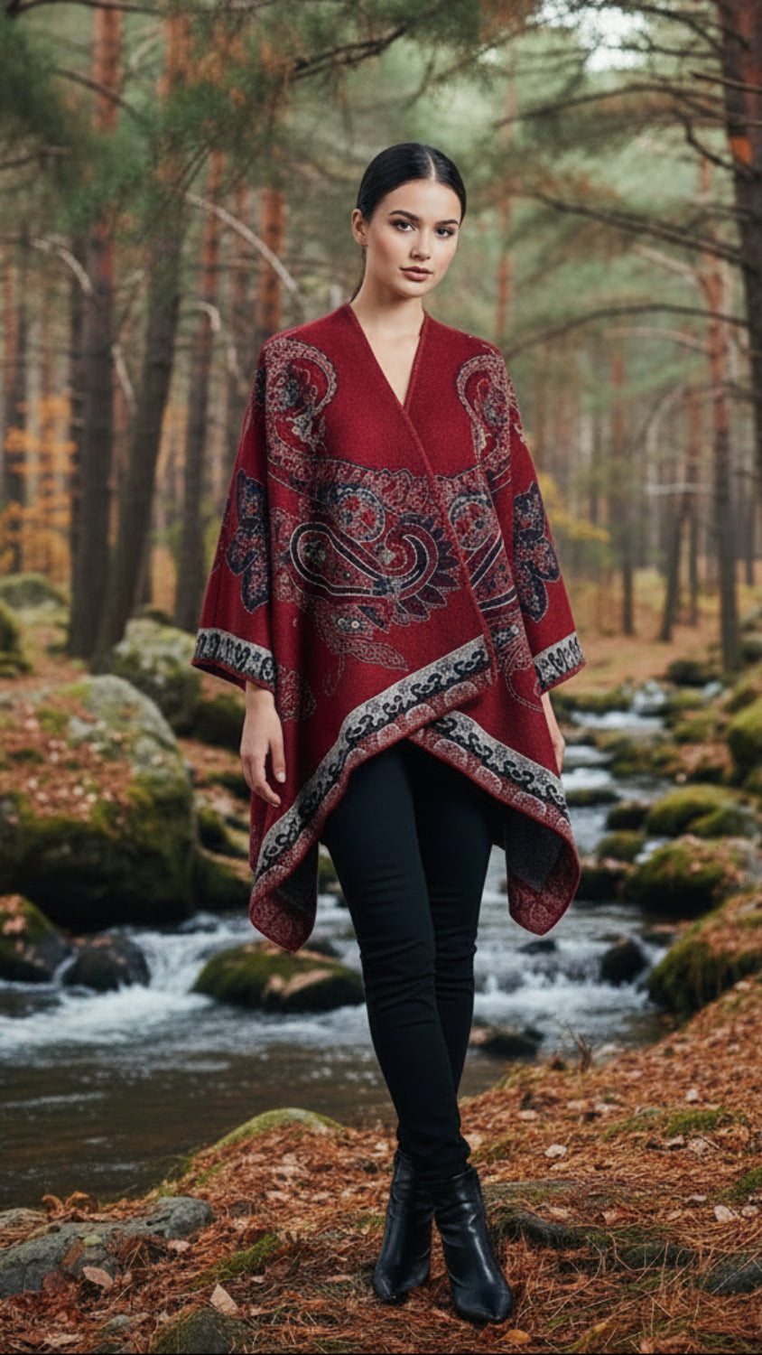 Balldiri Jacquard-Poncho Damen – Boho Wende Cape mit Muster