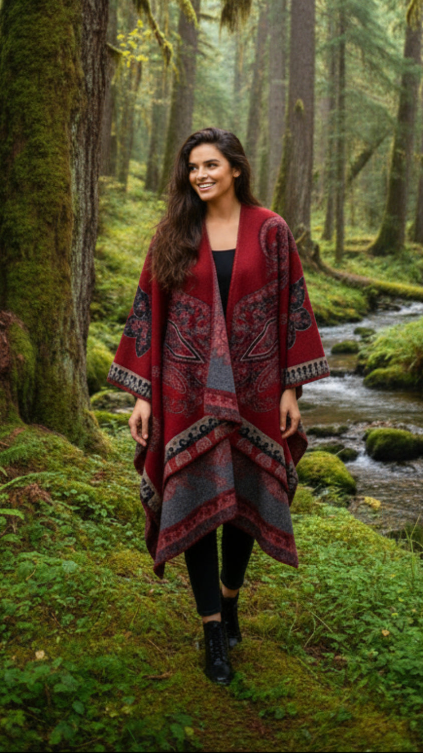 Balldiri Jacquard-Poncho Damen – Boho Wende Cape mit Muster