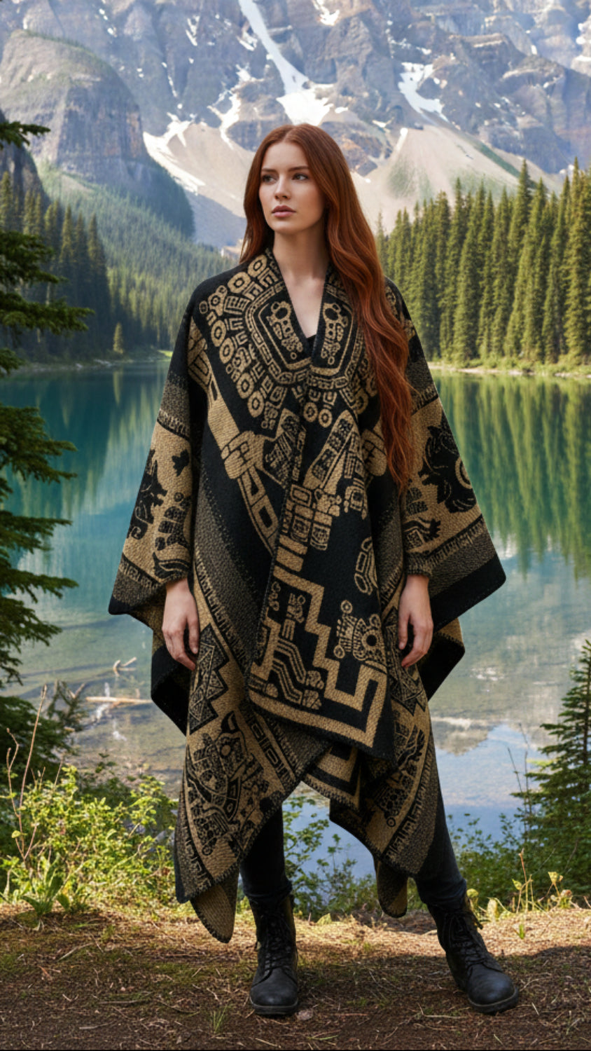 Balldiri Jacquard-Poncho Damen – Boho Wende Cape mit Muster