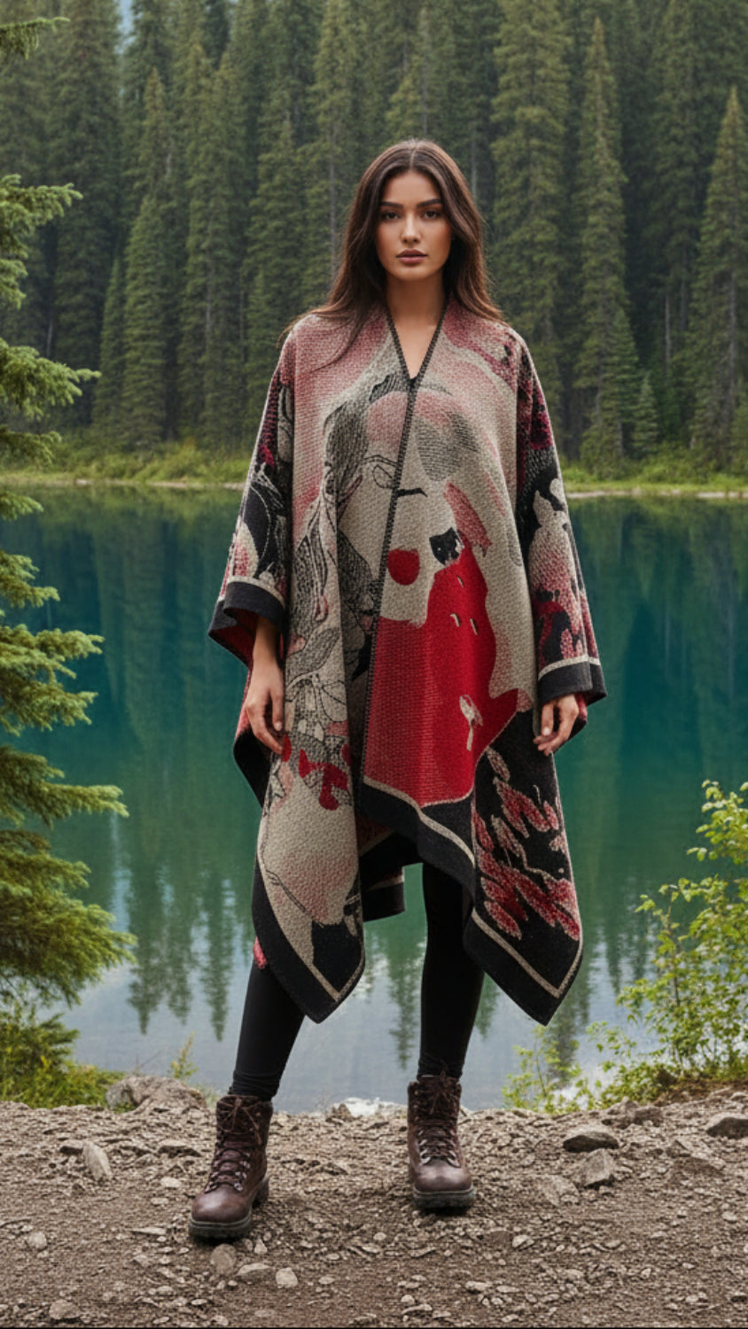 Balldiri Jacquard-Poncho Damen – Boho Wende Cape mit Muster