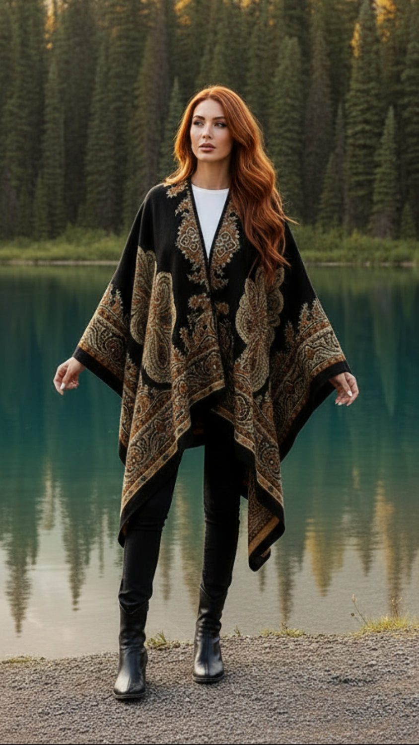 Balldiri Jacquard-Poncho Damen – Boho Wende Cape mit Muster