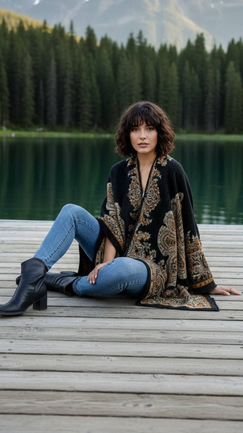 Balldiri Jacquard-Poncho Damen – Boho Wende Cape mit Muster