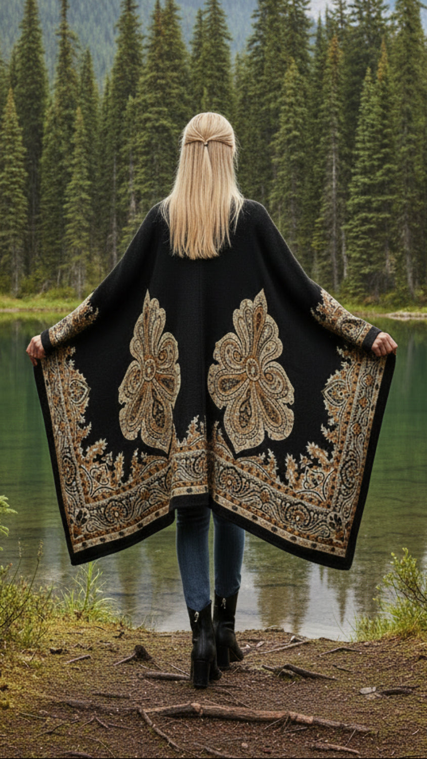 Balldiri Jacquard-Poncho Damen – Boho Wende Cape mit Muster