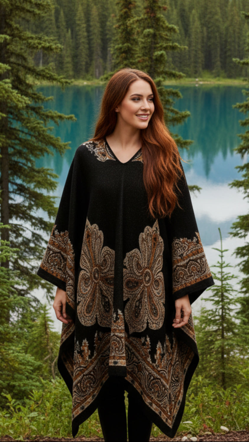 Balldiri Jacquard-Poncho Damen – Boho Wende Cape mit Muster