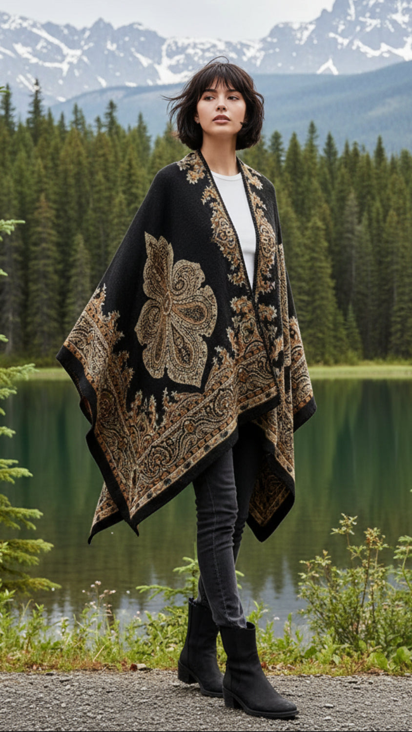 Balldiri Jacquard-Poncho Damen – Boho Wende Cape mit Muster