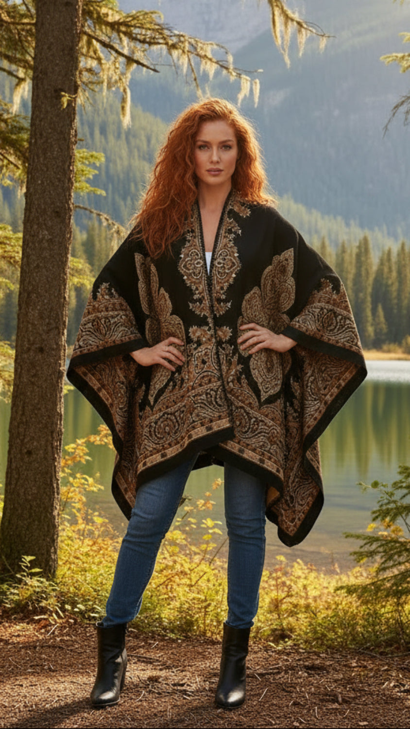 Balldiri Jacquard-Poncho Damen – Boho Wende Cape mit Muster