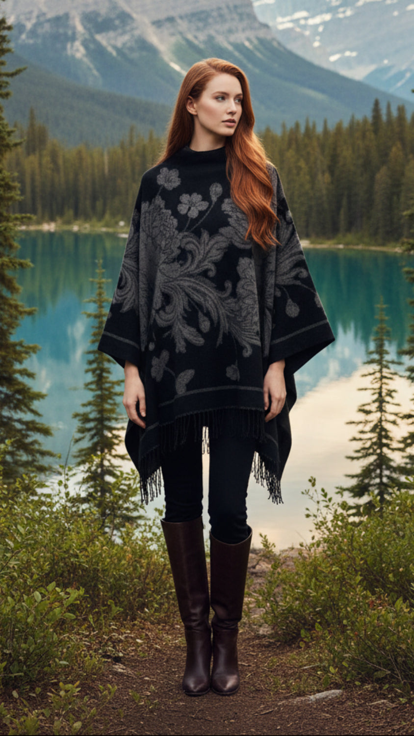 Balldiri Jacquard-Poncho Damen – Boho Wende Cape mit Muster