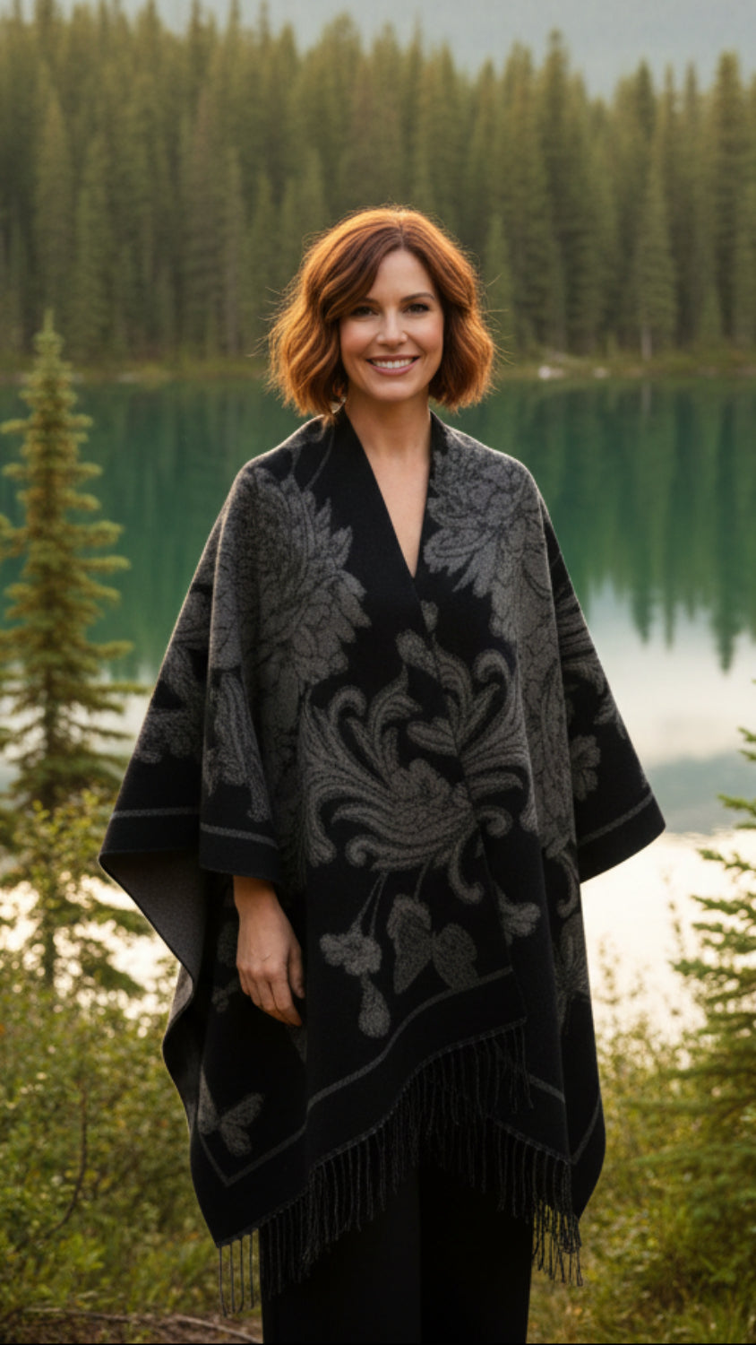 Balldiri Jacquard-Poncho Damen – Boho Wende Cape mit Muster