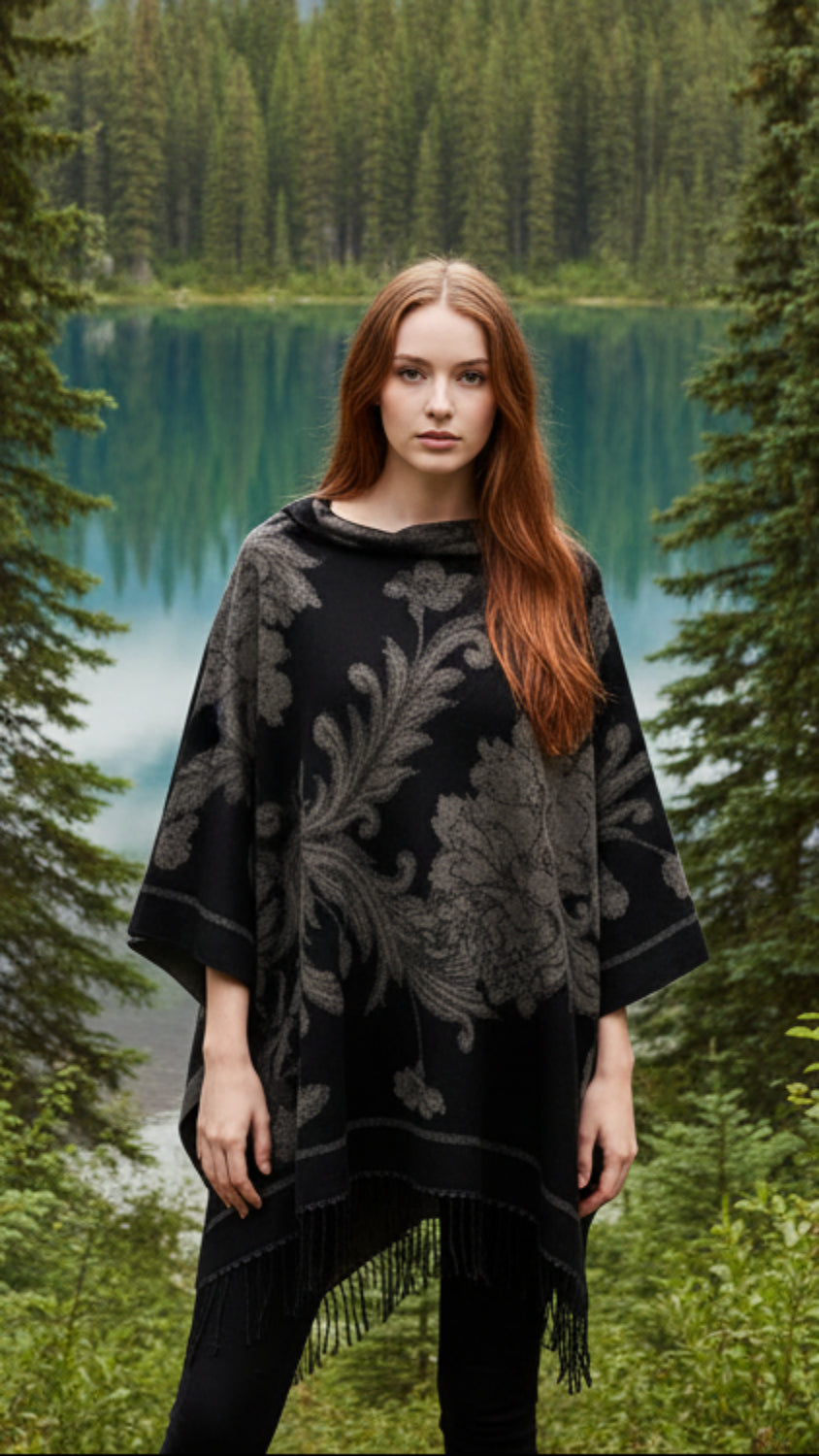 Balldiri Jacquard-Poncho Damen – Boho Wende Cape mit Muster