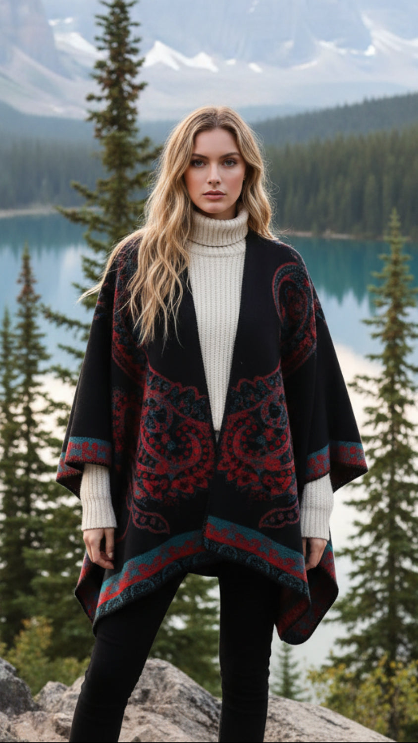 Balldiri Jacquard-Poncho Damen – Boho Wende Cape mit Muster