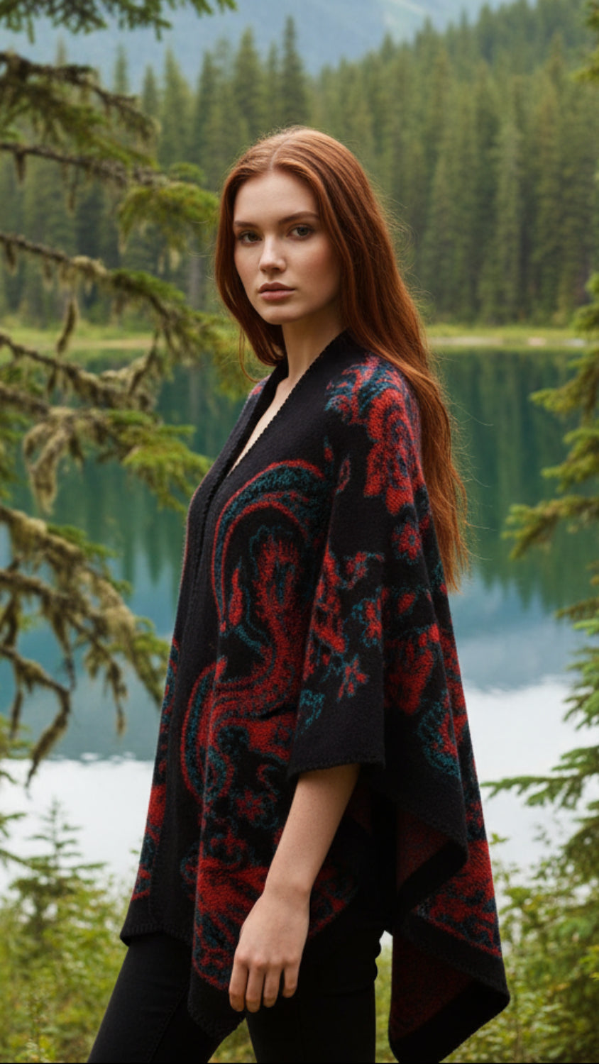 Balldiri Jacquard-Poncho Damen – Boho Wende Cape mit Muster
