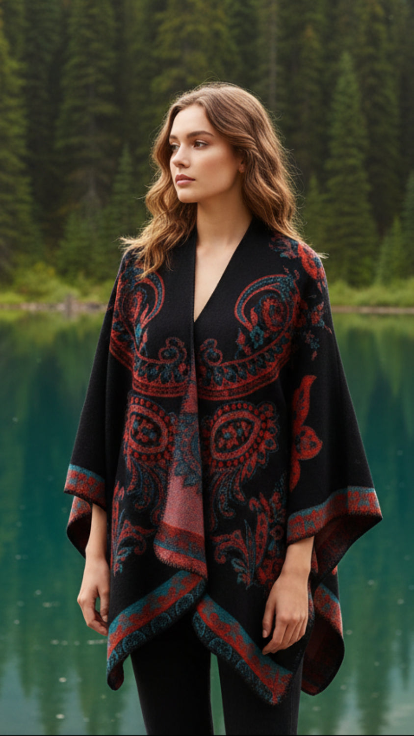 Balldiri Jacquard-Poncho Damen – Boho Wende Cape mit Muster