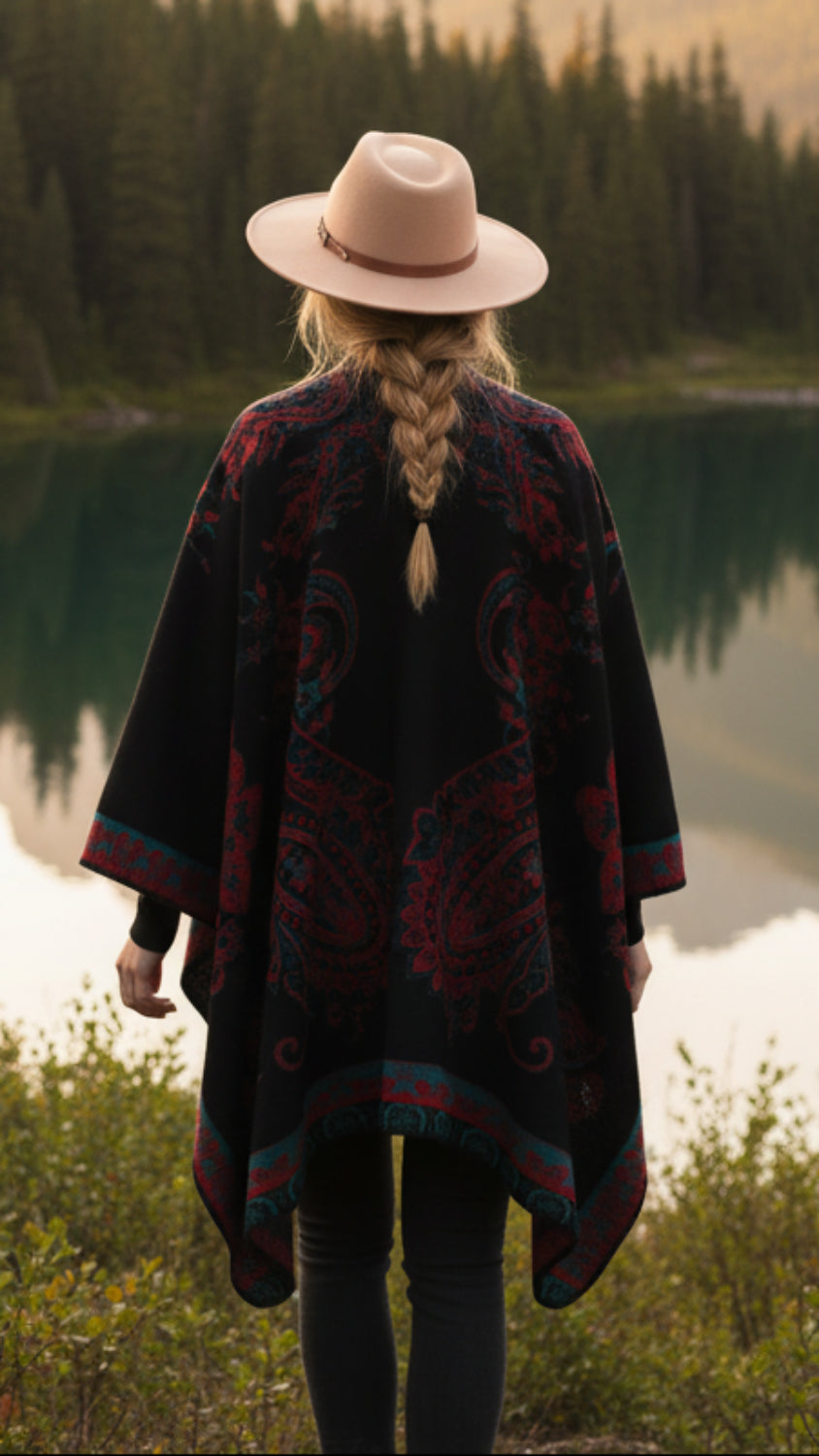 Balldiri Jacquard-Poncho Damen – Boho Wende Cape mit Muster