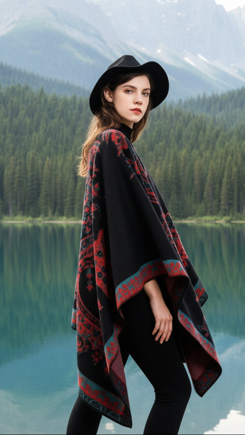 Balldiri Jacquard-Poncho Damen – Boho Wende Cape mit Muster
