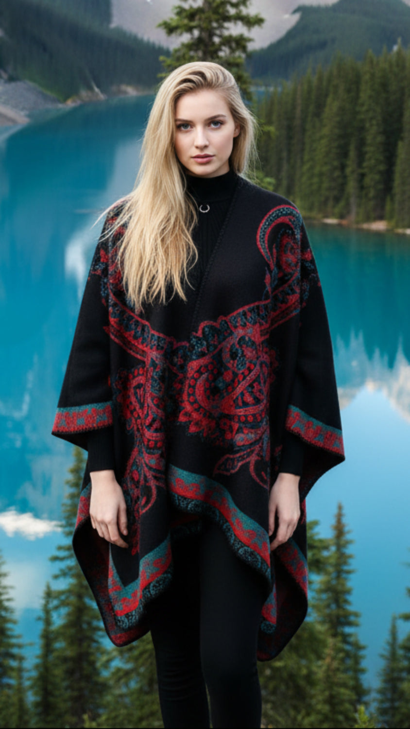 Balldiri Jacquard-Poncho Damen – Boho Wende Cape mit Muster