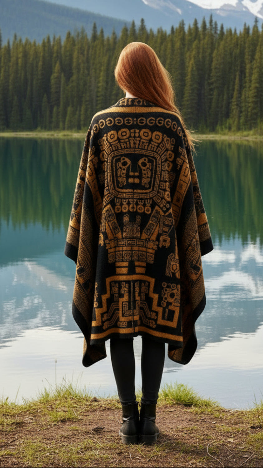 Balldiri Jacquard-Poncho Damen – Boho Wende Cape mit Muster