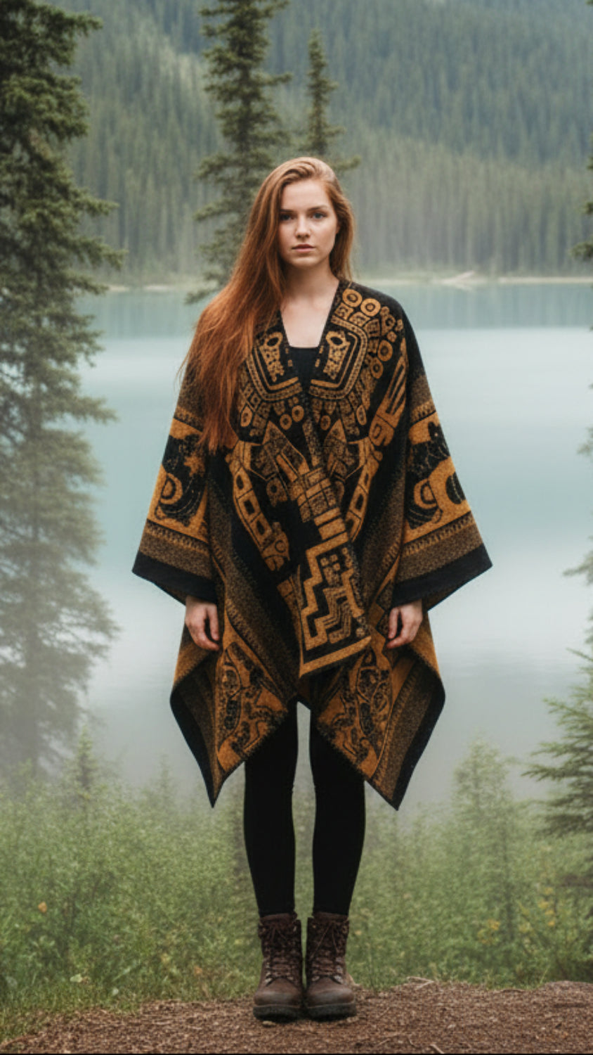 Balldiri Jacquard-Poncho Damen – Boho Wende Cape mit Muster