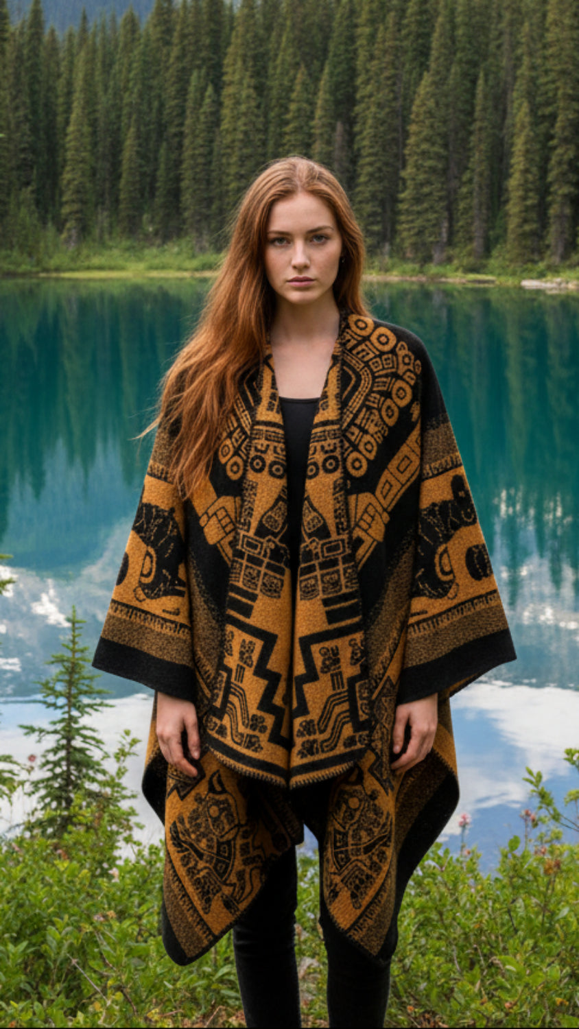 Balldiri Jacquard-Poncho Damen – Boho Wende Cape mit Muster