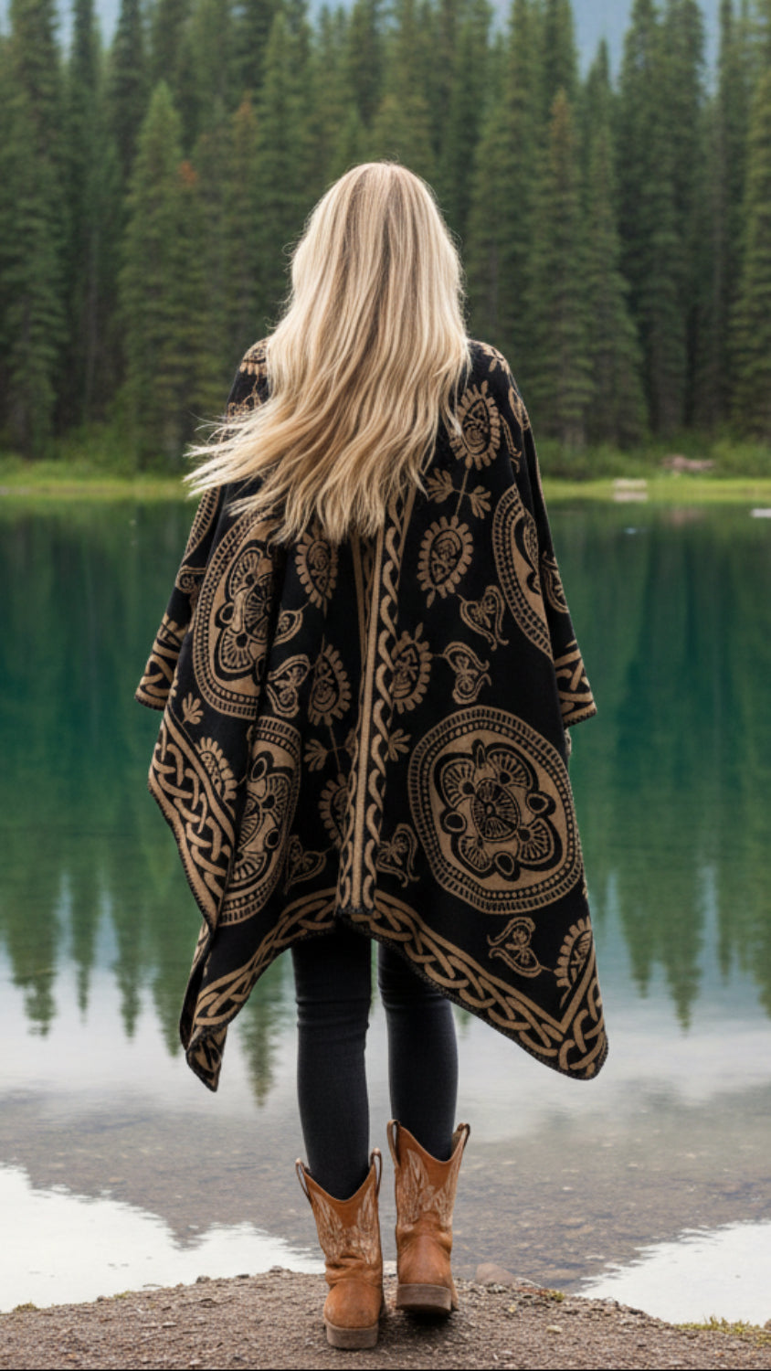 Balldiri Jacquard-Poncho Damen – Boho Wende Cape mit Muster