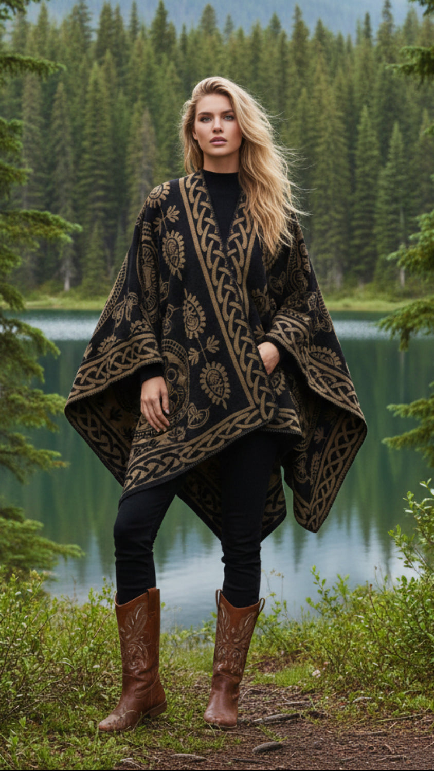 Balldiri Jacquard-Poncho Damen – Boho Wende Cape mit Muster