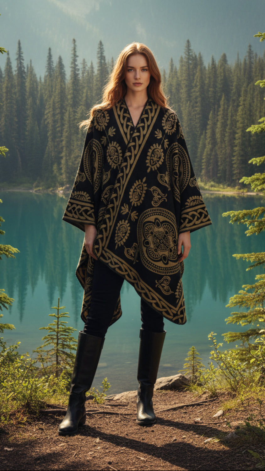 Balldiri Jacquard-Poncho Damen – Boho Wende Cape mit Muster