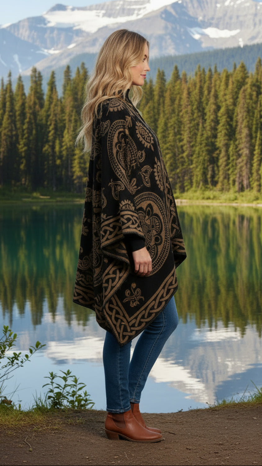 Balldiri Jacquard-Poncho Damen – Boho Wende Cape mit Muster