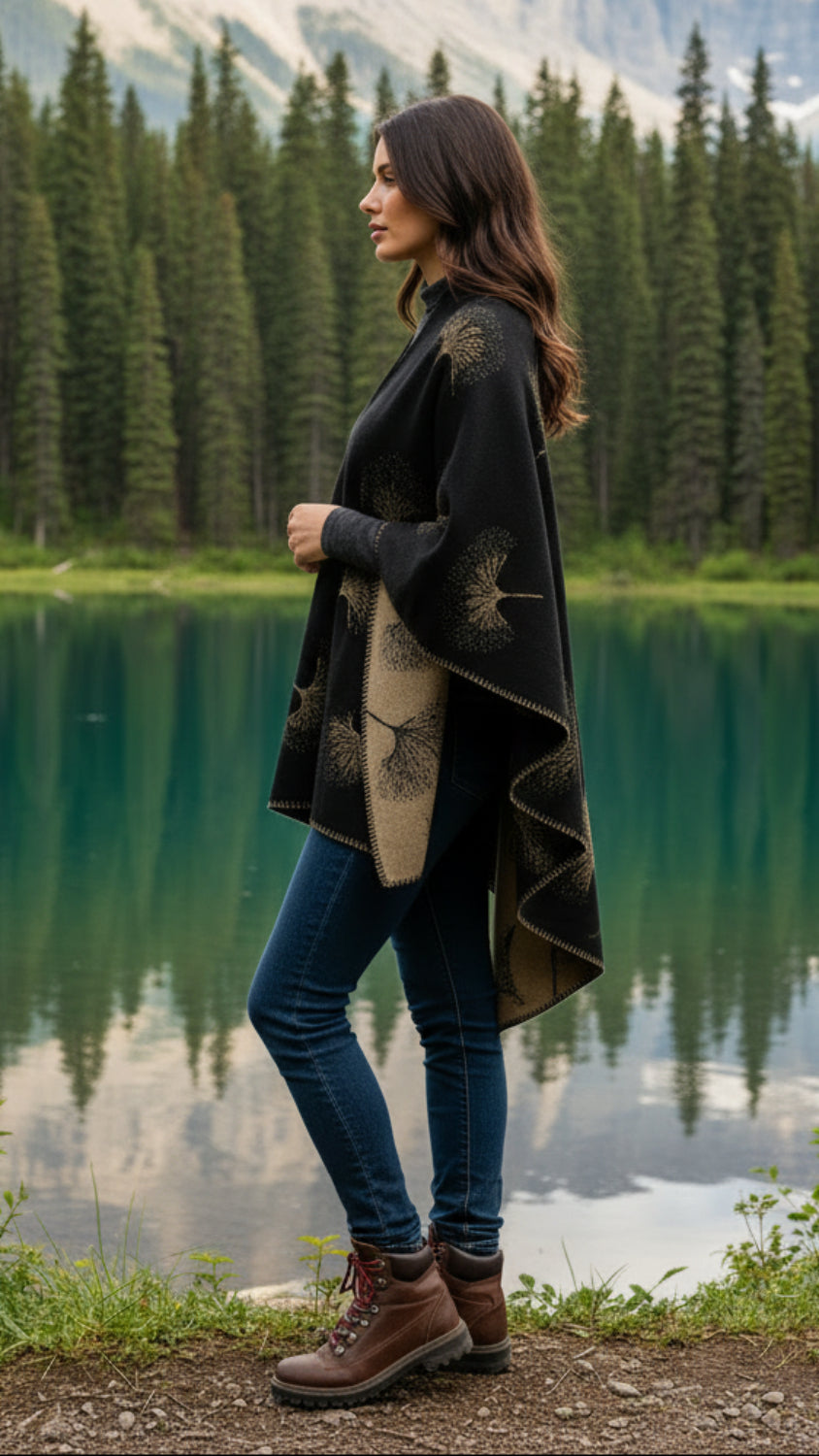 Balldiri Jacquard-Poncho Damen – Boho Wende Cape mit Muster