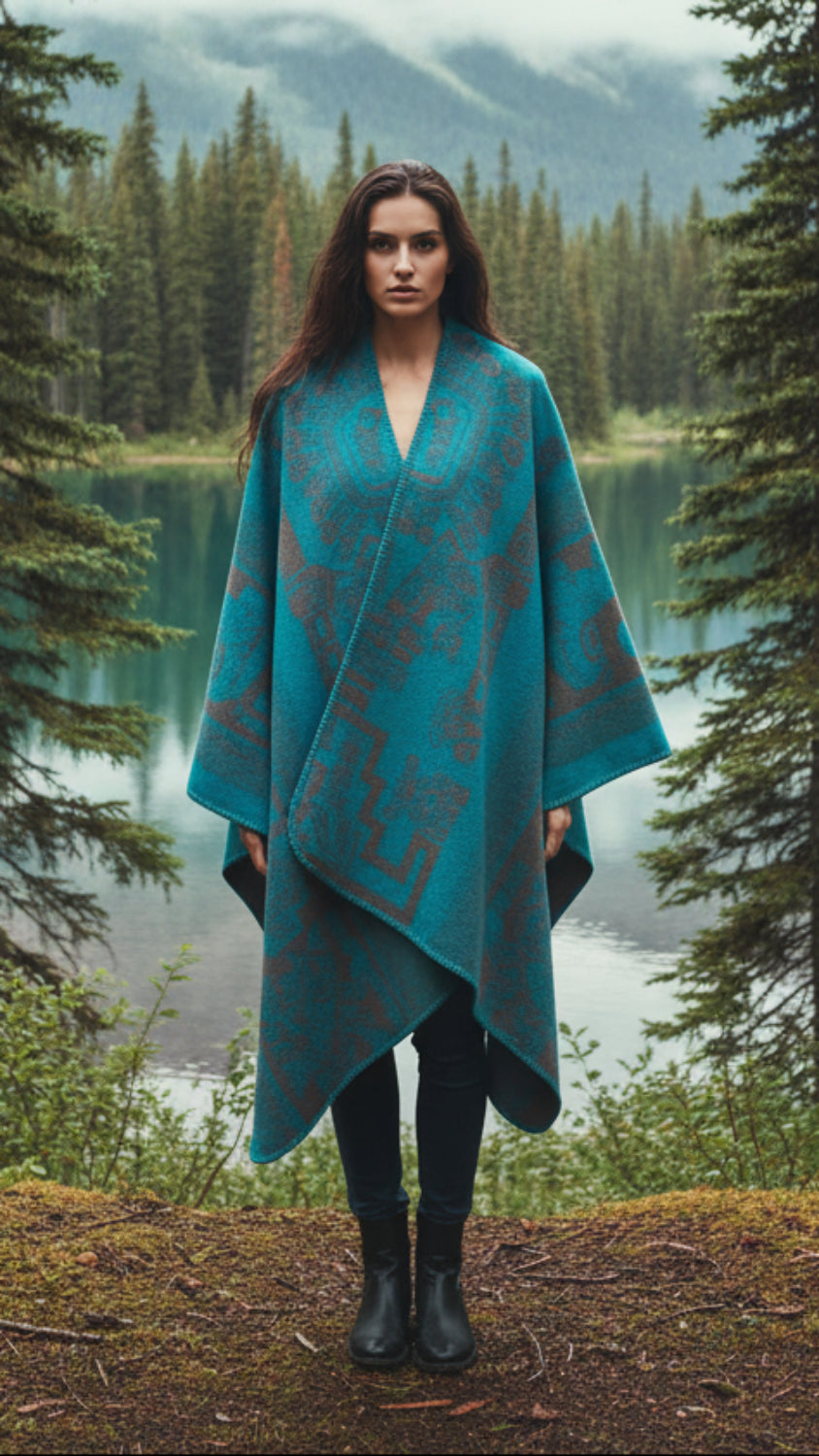 Balldiri Jacquard-Poncho Damen – Boho Wende Cape mit Muster