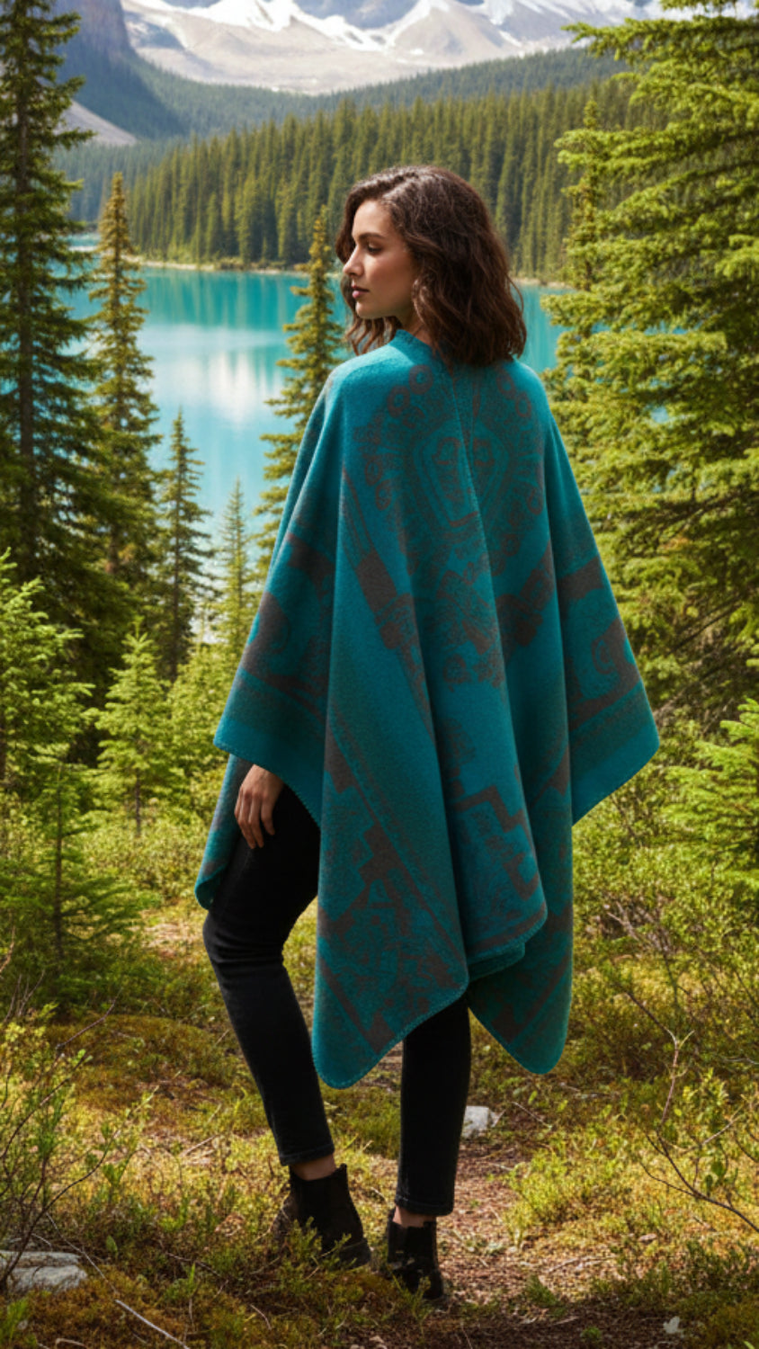 Balldiri Jacquard-Poncho Damen – Boho Wende Cape mit Muster