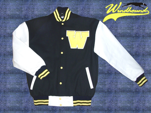 Windhound College Jacke, Echtlederärmel, 24oz Wolle, american Patches, Blau, 3 color mit Gelb