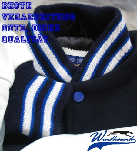 Windhound College Jacke, Echtlederärmel, 24oz Wolle, american Patches, Blau, 3 color mit Royalblau