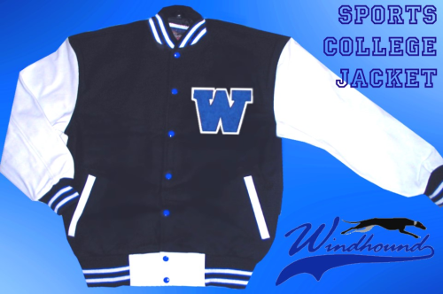 Windhound College Jacke, Echtlederärmel, 24oz Wolle, american Patches, Blau, 3 color mit Royalblau