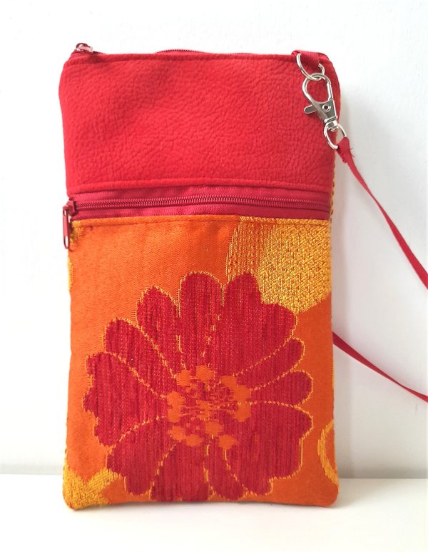 Handytasche zum Umhängen, Crossbody Bag Stoff rot-orange, trendige Umhängetasche mit Blume