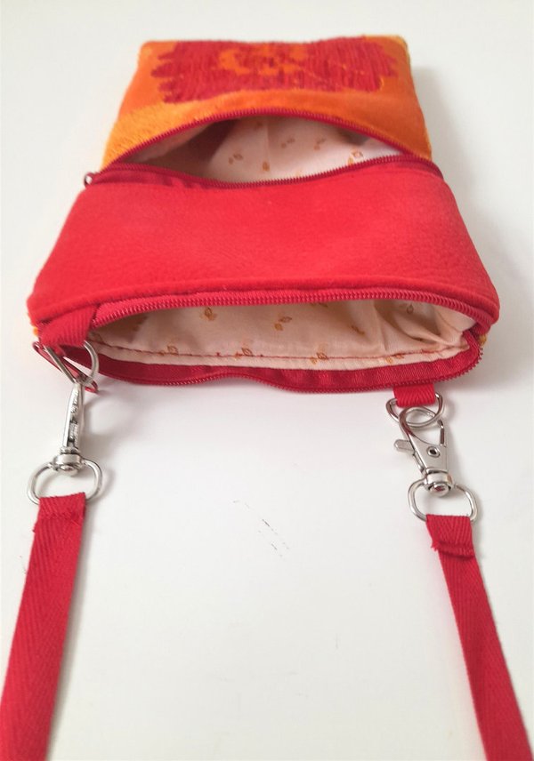 Handytasche zum Umhängen, Crossbody Bag aus Stoff rot-orang