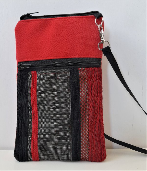 Handytasche zum Umhängen, Crossbody Bag Stoff rot-schwarz, trendige Umhängetasche mit Streifen